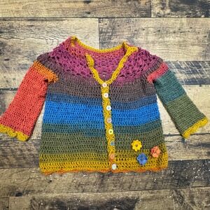 Kids Handmade Crochet Rainbow Striped Cardigan Sweater With Flowers Buttons